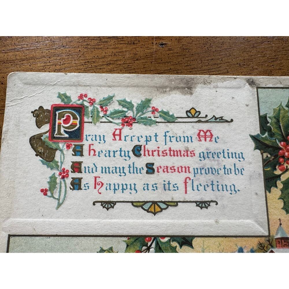 Vintage Embossed Christmas Postcard Holly Church Scene Series 1001 Unposted - Picture 2 of 8